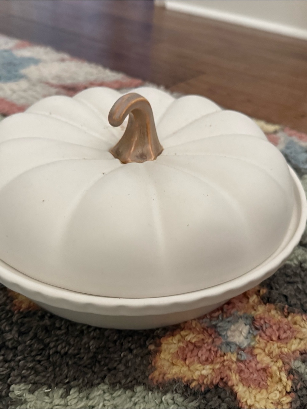 White Ceramic Pumpkin Serving Bowl with Gold Stem